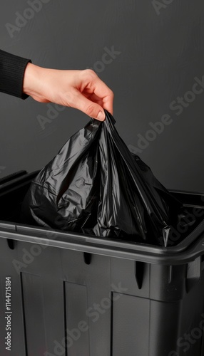 Realistic image of hand placing black trash bag into waste bin for proper disposal