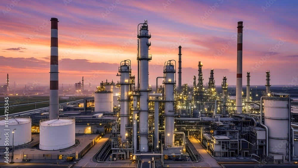Illuminated refinery at sunset. Illuminated refinery at sunset.
