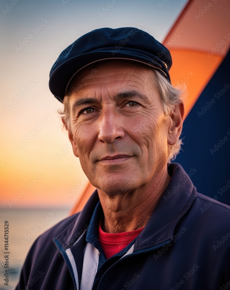 Mature Sailor Portrait at Sunset with Warm Horizon Elements Mature Sailor Portrait at Sunset with Warm Horizon Elements