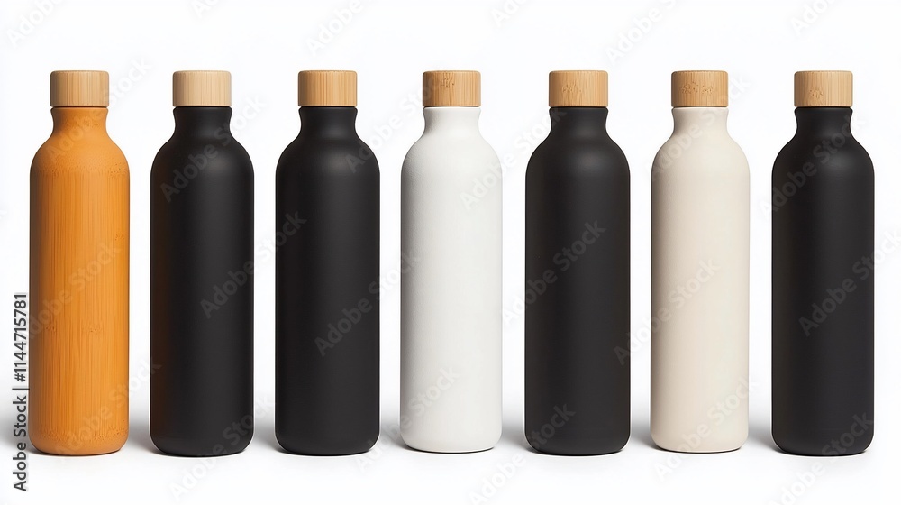 Eight matte-finish bottles with wooden caps in various colors. Eight matte-finish bottles with wooden caps in various colors.