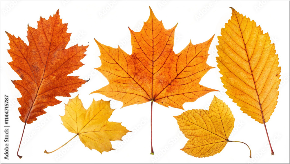 Close up photo, collection set of five different orange and yellow colorful leaves in autumn, isolated on panoramic transparent background, fall autumnal season Close up photo, collection set of five different orange and yellow colorful leaves in autumn, isolated on panoramic transparent background, fall autumnal season