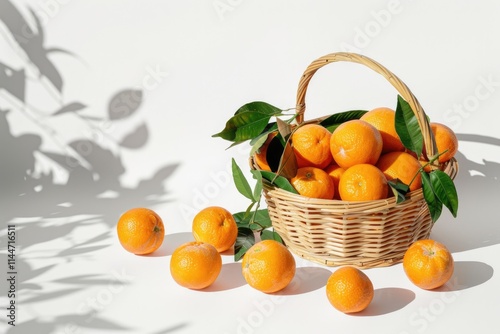 Oranges with leaves in a basket is scattered isolated on a on white photo