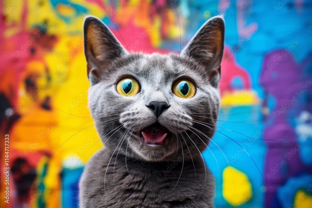 Portrait of a happy russian blue cat isolated in colorful graffiti wall Portrait of a happy russian blue cat isolated in colorful graffiti wall