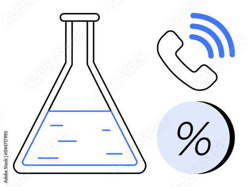 Chemistry flask with liquid reflects scientific research. Phone call icon with wireless signals indicates communication. Percentage symbol emphasizes data analysis or statistics. Ideal for science