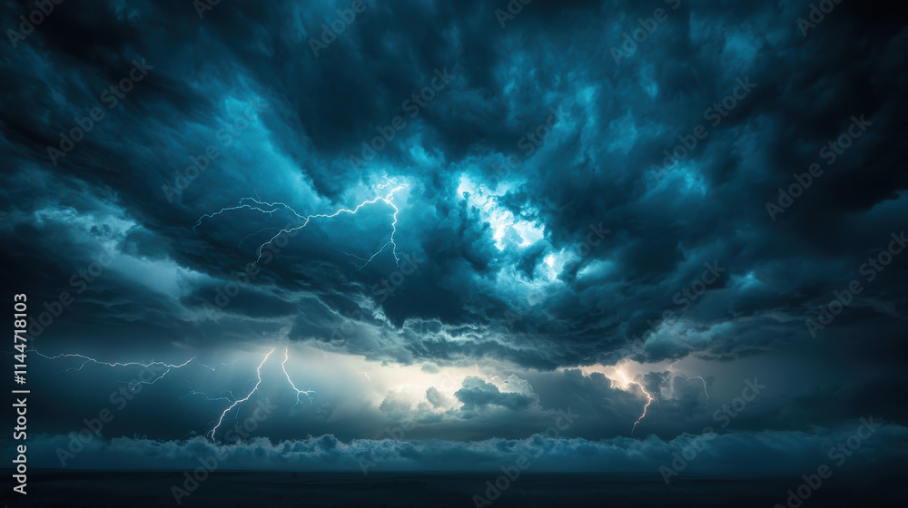 Dramatic storm clouds with lightning illuminating dark sky, creating powerful atmosphere Dramatic storm clouds with lightning illuminating dark sky, creating powerful atmosphere
