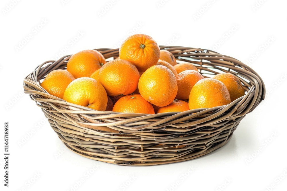 wide flat rattan basket with ripe oranges clipping isolate on a white background wide flat rattan basket with ripe oranges clipping isolate on a white background