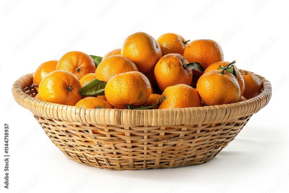 wide flat rattan basket with ripe oranges clipping isolate on a white background wide flat rattan basket with ripe oranges clipping isolate on a white background