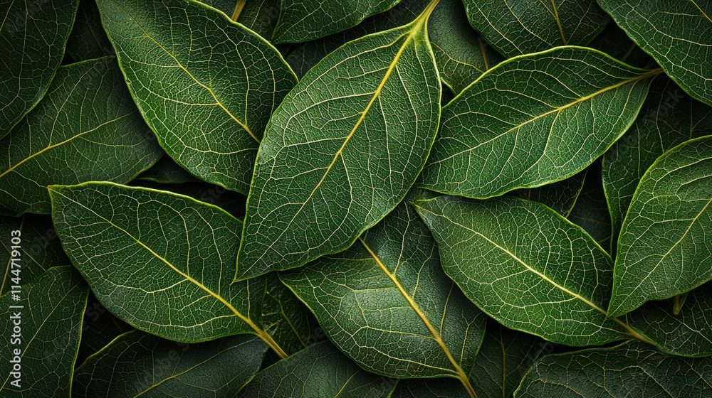 Fresh green bay leaves with intricate veins and textures, creating vibrant natural pattern Fresh green bay leaves with intricate veins and textures, creating vibrant natural pattern