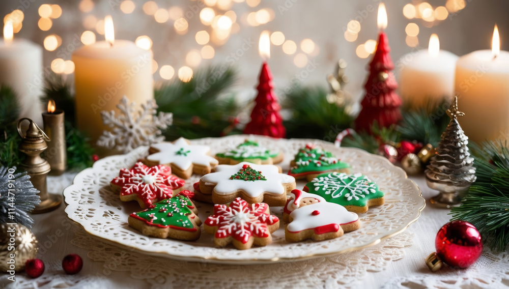 Plate of Christmas cookies with a green tree. The cookies are decorated with icing and sprinkles. Homemade baked goods made from eco-friendly, natural products. Plate of Christmas cookies with a green tree. The cookies are decorated with icing and sprinkles. Homemade baked goods made from eco-friendly, natural products.