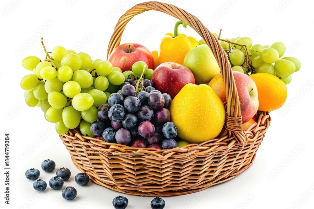 Assortment of fruits in basket isolated on white Assortment of fruits in basket isolated on white