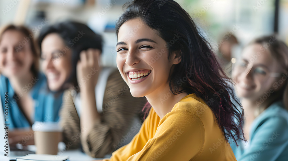 Cheerful Woman Smiling in a Bright Workspace with Friends Nearby Cheerful Woman Smiling in a Bright Workspace with Friends Nearby
