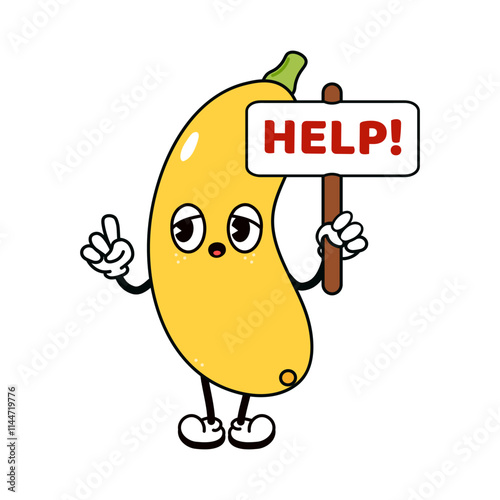 Cute Yellow vegetable marrow with an inscription help character. Vector hand drawn traditional cartoon vintage, retro, kawaii character. Isolated white background. Yellow vegetable marrow