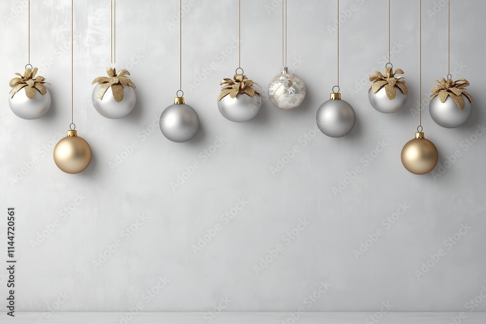 Decoração de natal com bolas suspensas em tons dourados, vermelhos e prateados, sobre fundo neutro, criada com IA generativa. Decoração de natal com bolas suspensas em tons dourados, vermelhos e prateados, sobre fundo neutro, criada com IA generativa.