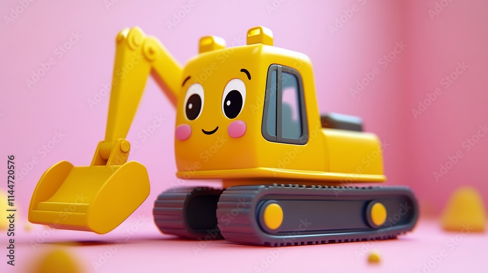 Cute yellow cartoon excavator toy on pink background. Cute yellow cartoon excavator toy on pink background.