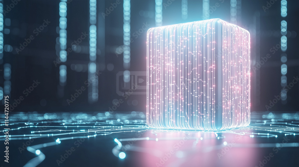 custom made wallpaper toronto digitalCybernetic Cube: A glowing, digital cube pulsates with energy, its surface composed of intricate circuitry, against a backdrop of binary code. This image evokes a sense of futuristic technology.