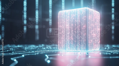 Wallpaper Mural Cybernetic Cube:  A glowing, digital cube pulsates with energy, its surface composed of intricate circuitry, against a backdrop of binary code. This image evokes a sense of futuristic technology. Torontodigital.ca