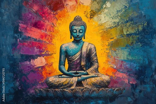 Vibrant Oil Painting of Buddha in Meditative Pose with Radiating Colors and Spiritual Essence