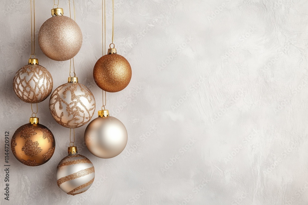 Decoração de natal com bolas suspensas em tons dourados, vermelhos e prateados, sobre fundo neutro, criada com IA generativa. Decoração de natal com bolas suspensas em tons dourados, vermelhos e prateados, sobre fundo neutro, criada com IA generativa.