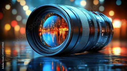 Cityscape reflected in a camera lens at night.