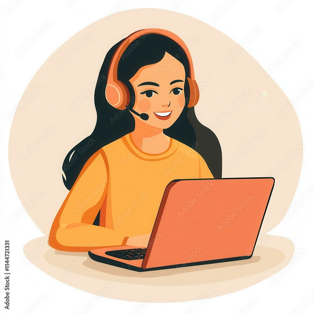 Young woman working from home with a laptop and headset during a remote session in a cozy setting Young woman working from home with a laptop and headset during a remote session in a cozy setting