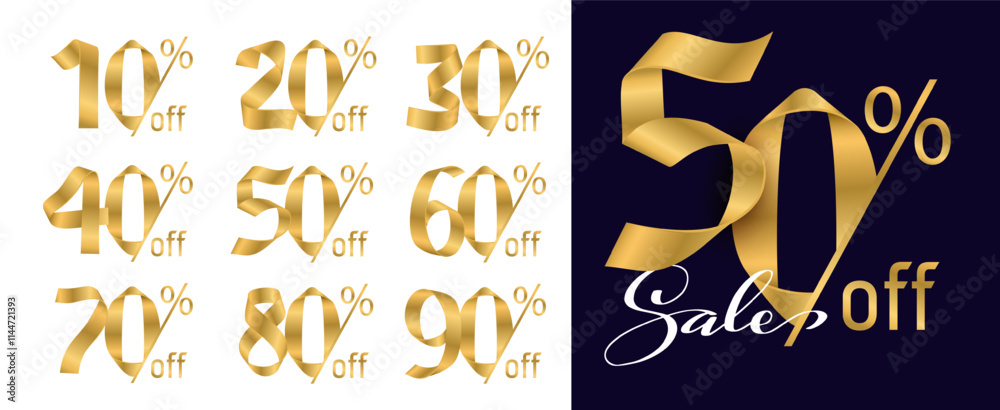 Vector set of golden number sale icons. Gold ribbon folded into numbers 10, 20, 30, 40, 50, 60, 70, 80, 90 percent off discount symbols. Good for advertising banners, sale, discounts, promotions. Vector set of golden number sale icons. Gold ribbon folded into numbers 10, 20, 30, 40, 50, 60, 70, 80, 90 percent off discount symbols. Good for advertising banners, sale, discounts, promotions.