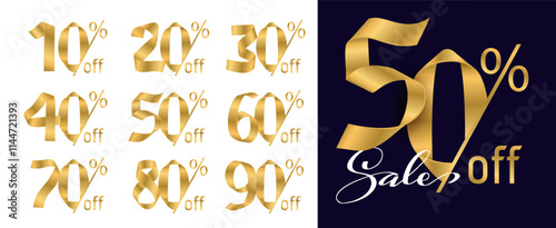 Vector set of golden number sale icons. Gold ribbon folded into numbers 10, 20, 30, 40, 50, 60, 70, 80, 90 percent off discount symbols. Good for advertising banners, sale, discounts, promotions.
