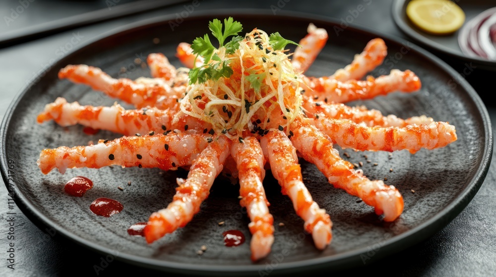 Spicy shrimp dish arranged in a starburst pattern on a dark plate, garnished with sesame seeds, herbs, and a drizzle of sauce. Spicy shrimp dish arranged in a starburst pattern on a dark plate, garnished with sesame seeds, herbs, and a drizzle of sauce.