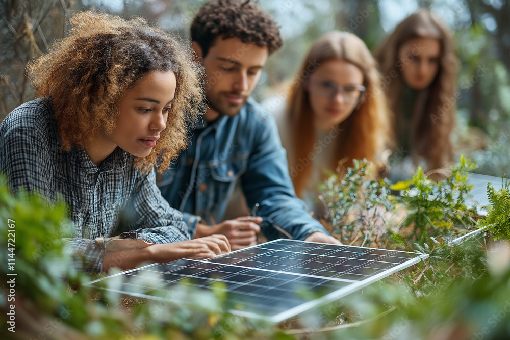 Fototapeta premium Multicultural team collaborates on solar energy solutions in a lush outdoor setting. Generative AI