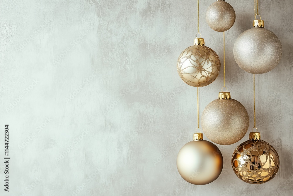 Decoração de natal com bolas suspensas em tons dourados, vermelhos e prateados, sobre fundo neutro, criada com IA generativa. Decoração de natal com bolas suspensas em tons dourados, vermelhos e prateados, sobre fundo neutro, criada com IA generativa.