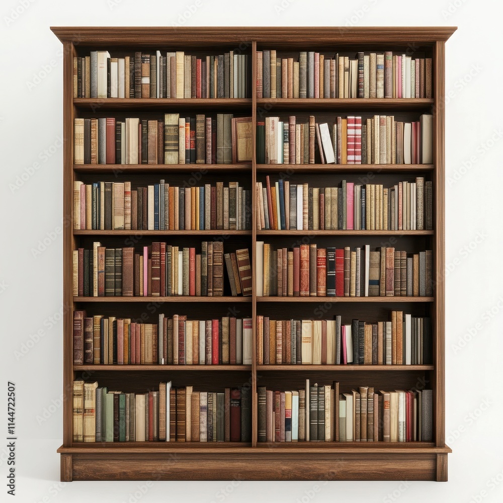 A tall wooden bookcase with multiple shelves filled with neatly arranged books on a white background A tall wooden bookcase with multiple shelves filled with neatly arranged books on a white background