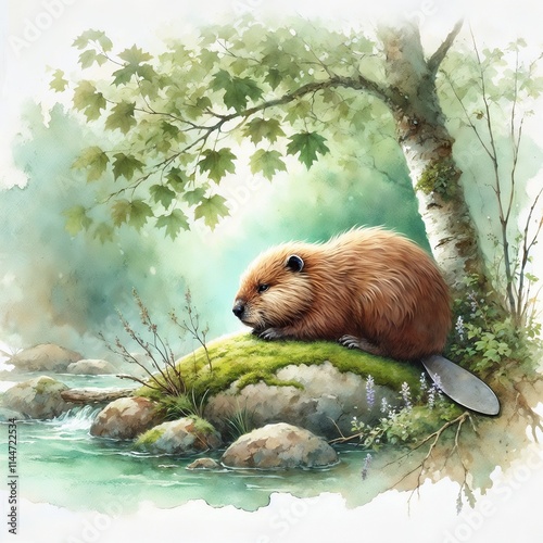 Beaver resting on rock in soft green and brown watercolor tones