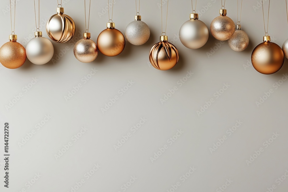 Decoração de natal com bolas suspensas em tons dourados, vermelhos e prateados, sobre fundo neutro, criada com IA generativa. Decoração de natal com bolas suspensas em tons dourados, vermelhos e prateados, sobre fundo neutro, criada com IA generativa.