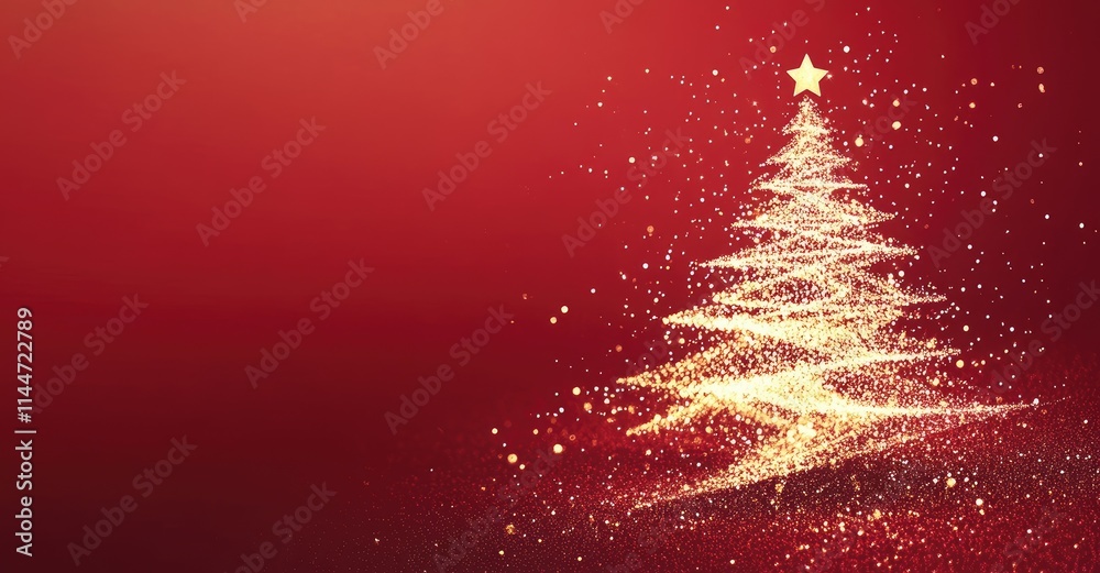 A red background with a glowing Christmas tree made of particles on the right side, featuring a red and gold color scheme, golden light effects, and sparkling dust, perfect for a Christmas poster A red background with a glowing Christmas tree made of particles on the right side, featuring a red and gold color scheme, golden light effects, and sparkling dust, perfect for a Christmas poster