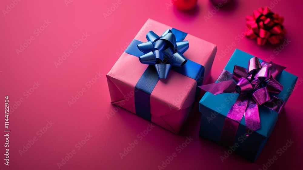Fototapeta premium Colorful gift boxes with ribbons on a vibrant pink background