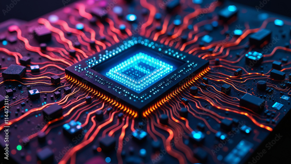 Fototapeta premium a close-up of a computer chip on a printed circuit board with colorful circuitry and glowing elements