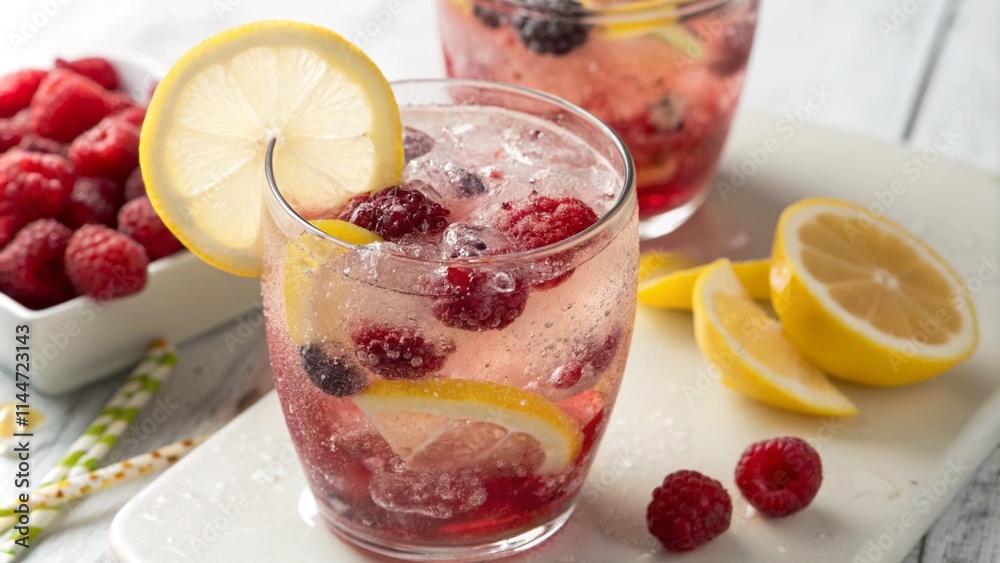 Spring or summer refreshing cold cocktail or mocktail with berries and lemon, raspberry lemonade Spring or summer refreshing cold cocktail or mocktail with berries and lemon, raspberry lemonade