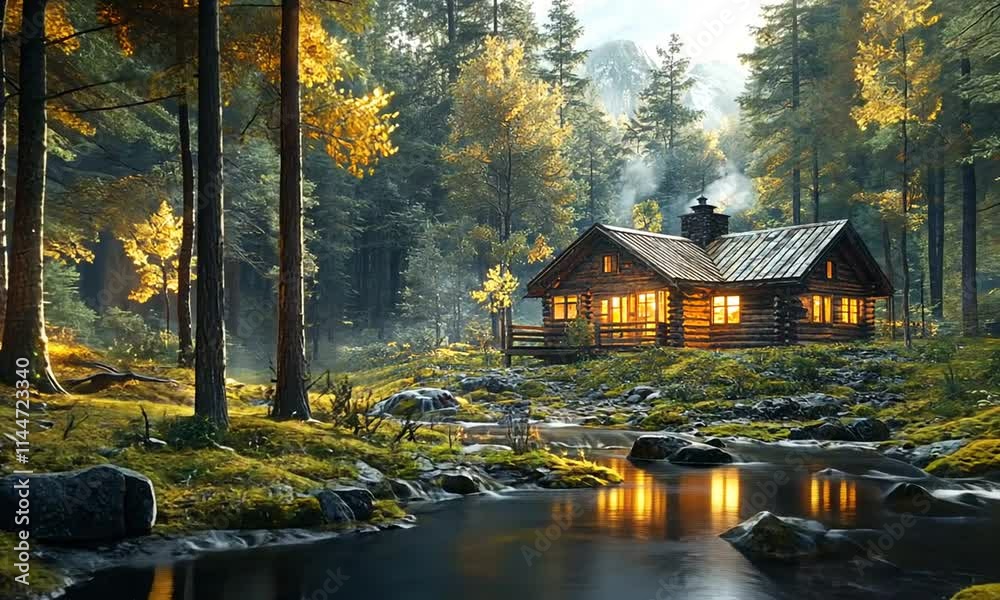 A serene cabin by a tranquil stream, surrounded by lush forests and glowing autumn foliage. A serene cabin by a tranquil stream, surrounded by lush forests and glowing autumn foliage.