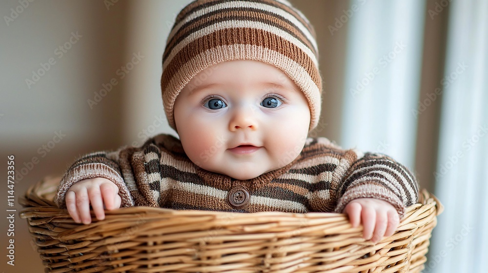 Adorable baby in striped outfit sitting in wicker basket. Adorable baby in striped outfit sitting in wicker basket.