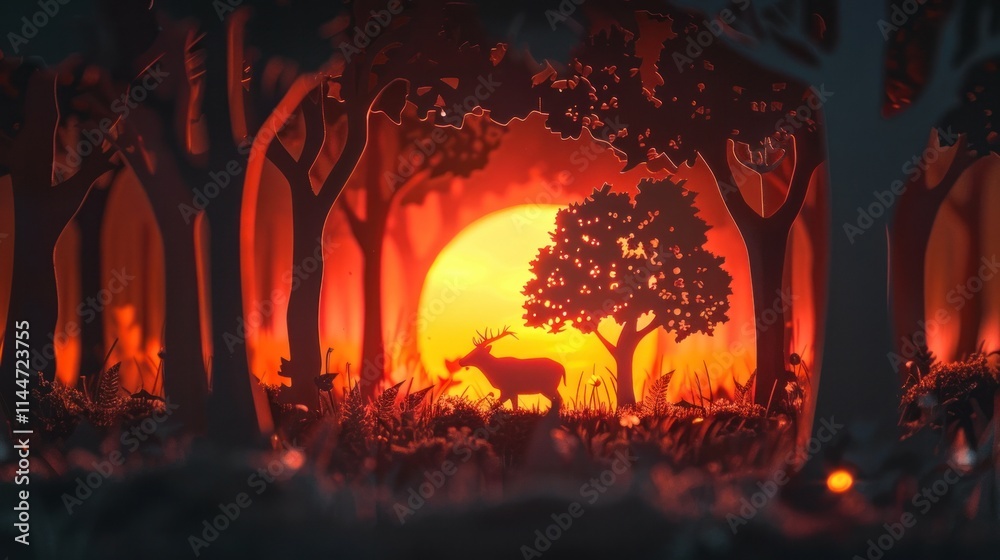 Naklejka premium Magical sunset scenery in a mystical enchanted autumn forest with a majestic deer silhouetted against the glowing fiery sky Tranquil and serene landscape with vibrant fall foliage and mist