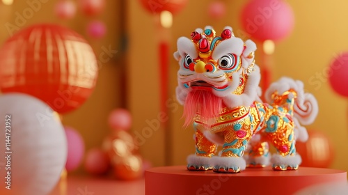 A vibrant, decorative lion figurine stands on a pedestal, surrounded by colorful lanterns, symbolizing celebration and cultural festivities. photo