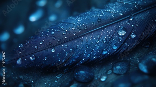 Close-up of a dark blue feather covered in water droplets.