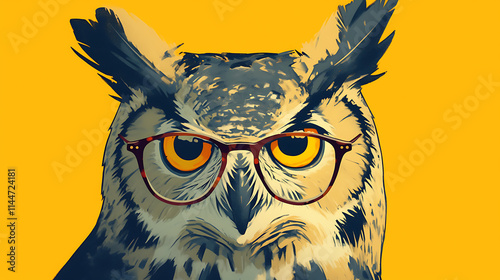 A stylized owl wearing glasses against a bright yellow background. photo