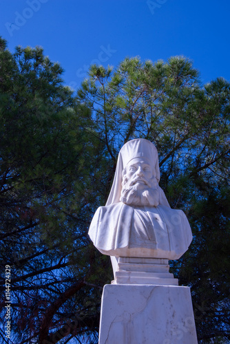 A marble bust of Archbishop Kyprianos stands in front of St. John’s Cathedral in Nicosia, honoring his legacy as a national leader and martyr of Cyprus. photo