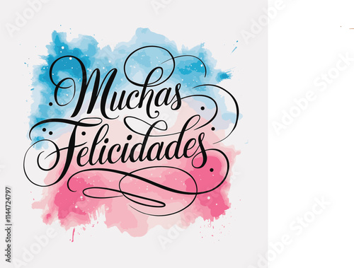 Muchas Felicidades  watercolor Typography in Spanish language Congratulations ! Text Calligraphy lettering. Handwritten phrase greeting sign with gold text on dark background. Print for banner poster