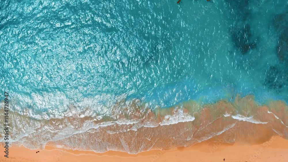 Sandy sea beach with waves, top view. Amazing tropical nature background. Seamless loop of sea waves. Summer ocean landscape from the air. White waves of blue sea on golden sand.