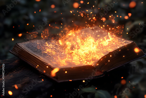 Burning Book: A fiery spectacle of knowledge consumed by flames, an ancient tome engulfed in an inferno, sparks dance in the night air, a dramatic scene of literary destruction. photo