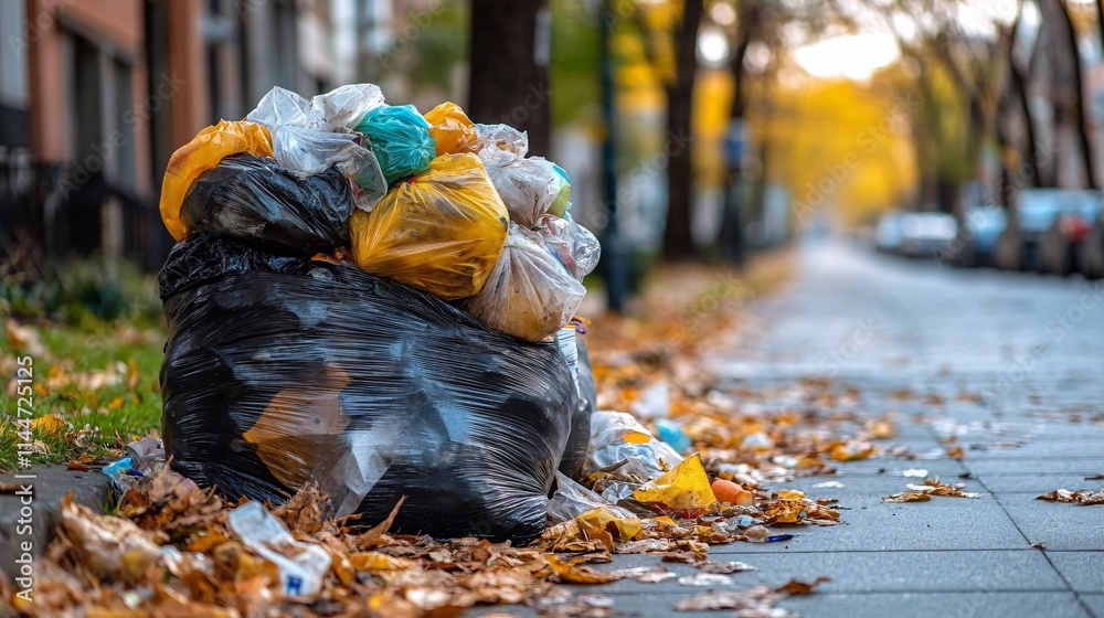 Piles of colorful garbage bags stacked on a city sidewalk surrounded by fallen autumn leaves, with a blurred background of a tree-lined street and parked cars on a chilly day Piles of colorful garbage bags stacked on a city sidewalk surrounded by fallen autumn leaves, with a blurred background of a tree-lined street and parked cars on a chilly day