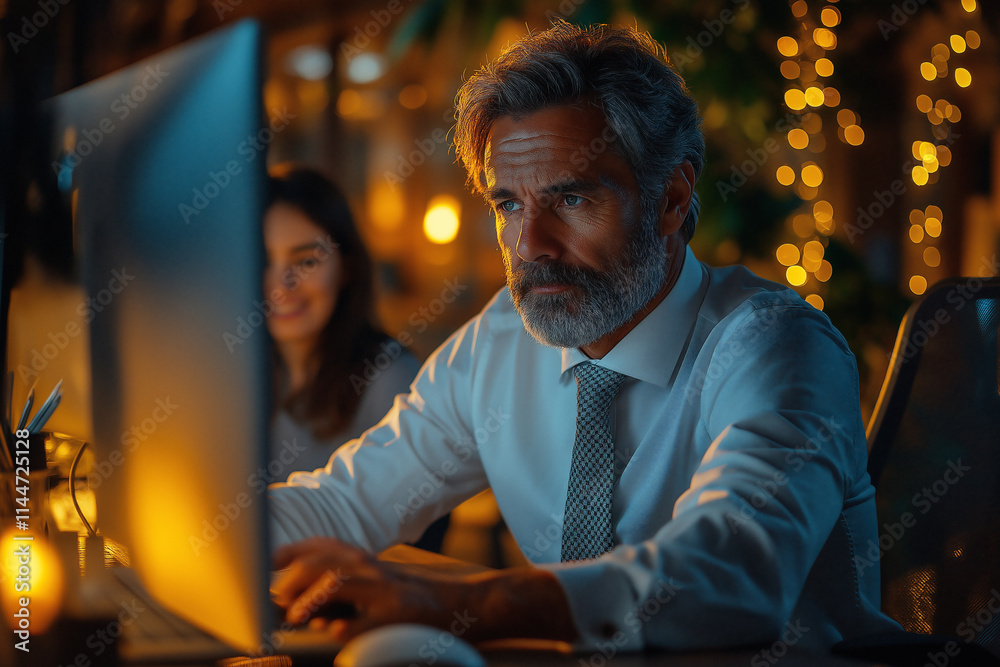 Focused professional working late in an urban office environment with a colleague. Generative AI Focused professional working late in an urban office environment with a colleague. Generative AI