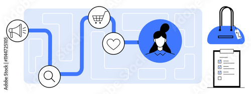 Customer journey path highlighting key steps marketing, search, shopping, engagement, and purchase. Ideal for marketing strategy, customer experience, consumer behavior, user journey mapping