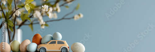 A yellow toy car rests among pastel-colored Easter eggs with blossoming branches in the background, celebrating renewal and cheerfulness in spring decor style.
